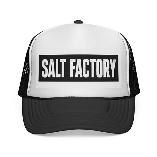 Salt Factory Trucker Hat — Bold Black & White Logo Mesh Cap