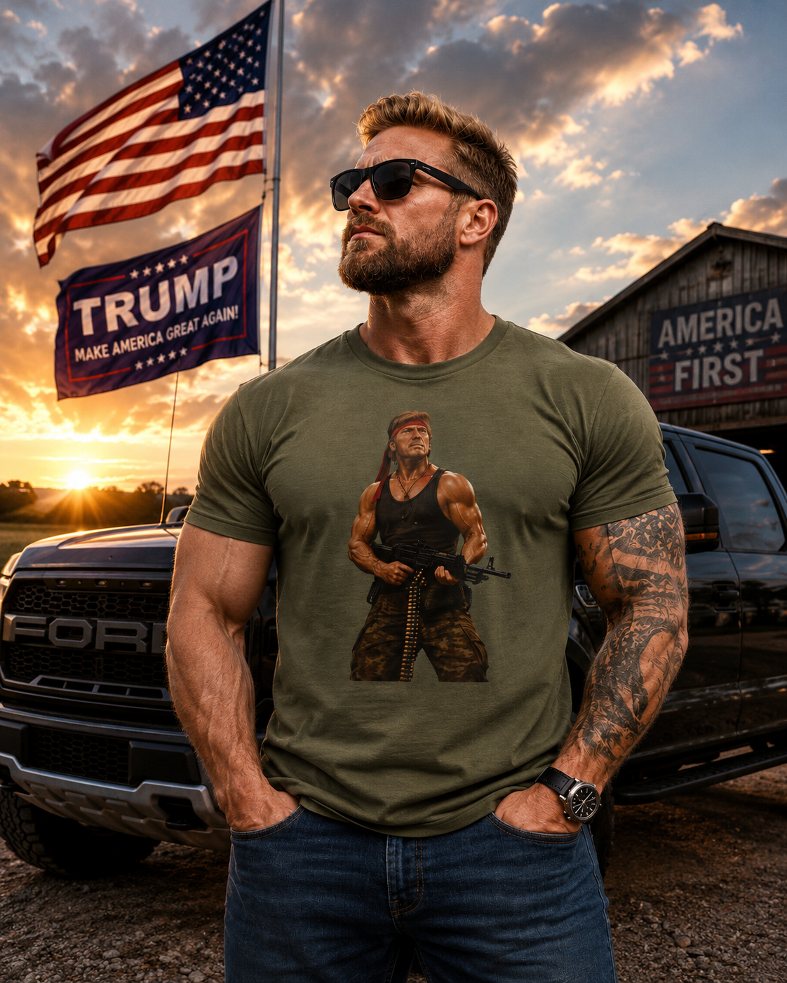 Action Hero Soldier T-Shirt — Vintage Bandana Warrior Graphic Tee