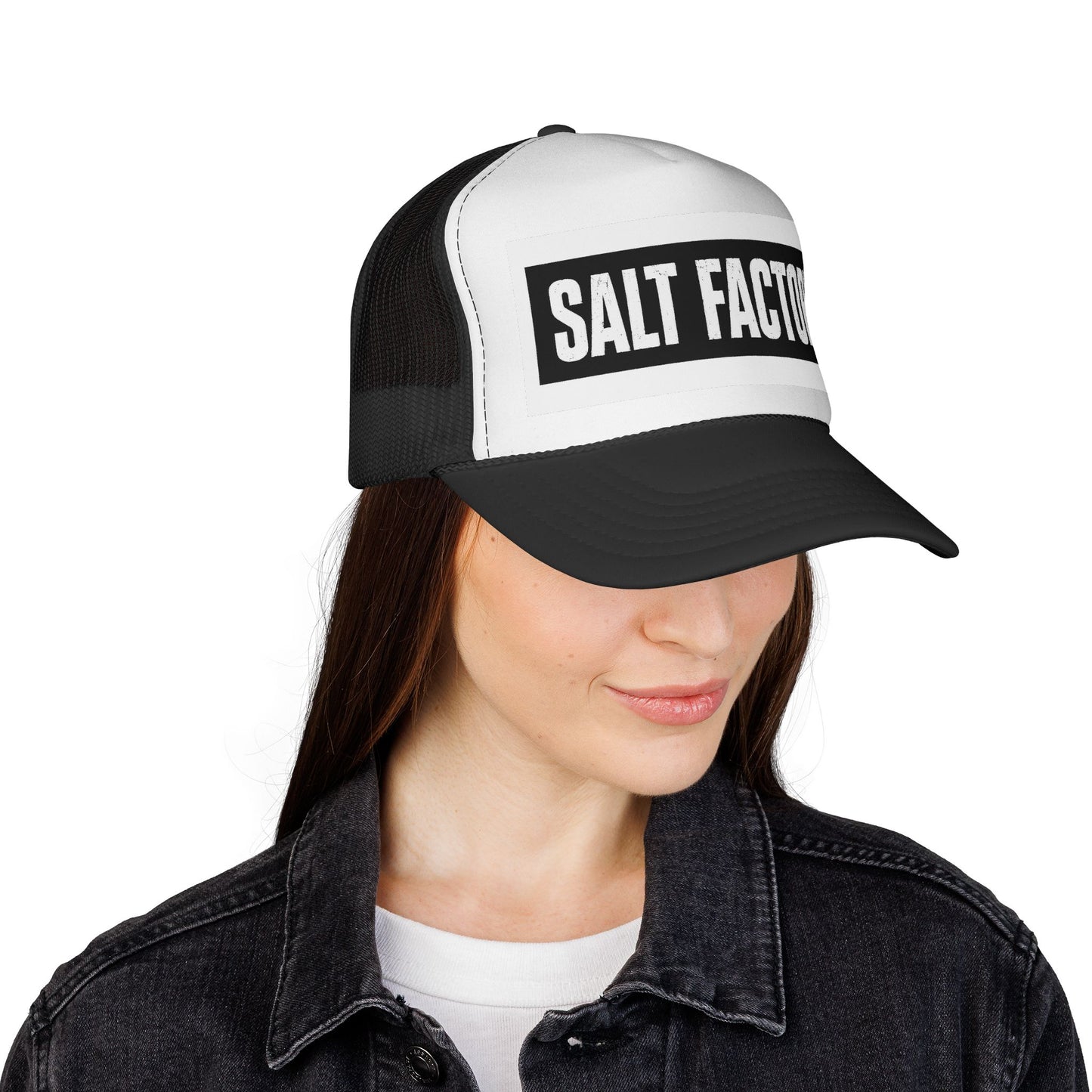 Salt Factory Trucker Hat — Bold Black & White Logo Mesh Cap