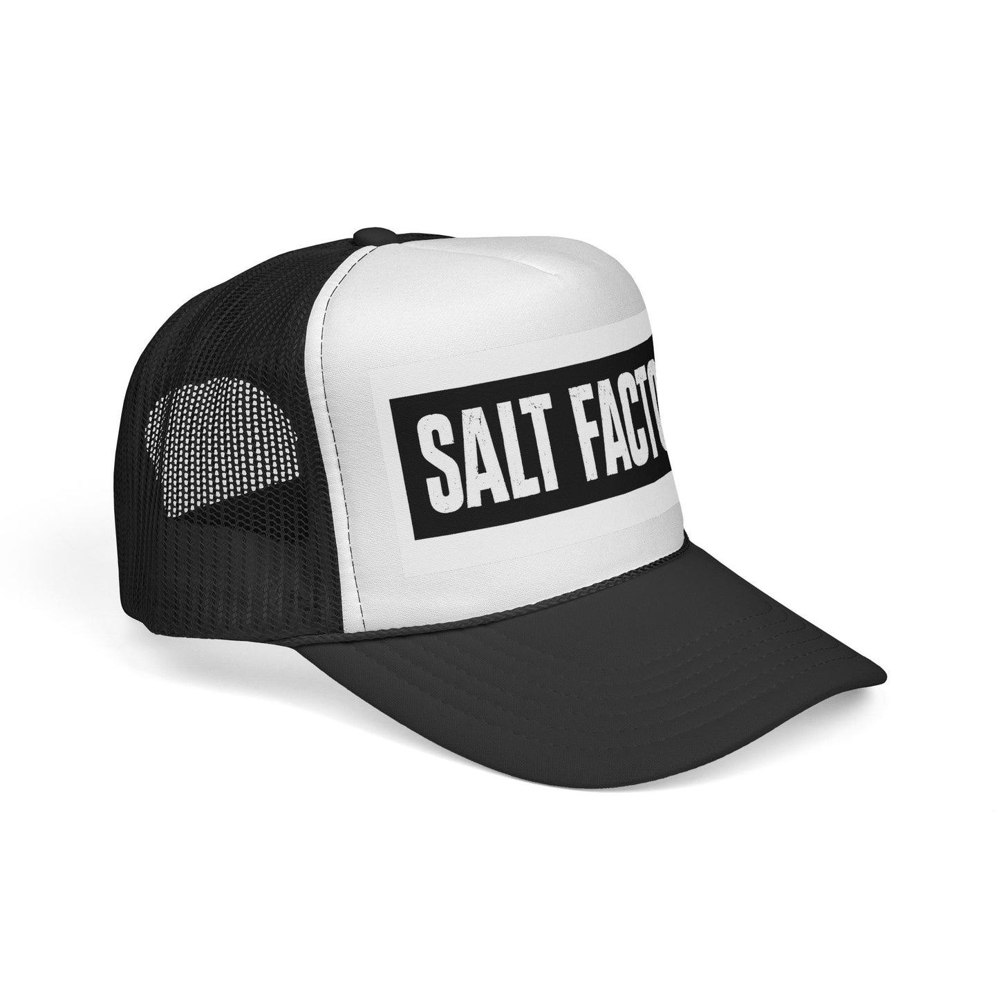 Salt Factory Trucker Hat — Bold Black & White Logo Mesh Cap